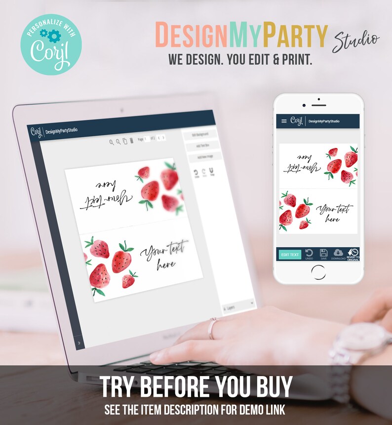 May include: A laptop screen displaying a design template for a strawberry-themed party favor tag. The template is editable and can be personalized with text. The text on the template reads "any party name" and "your text here". The image is accompanied by the text "TRY BEFORE YOU BUY" and "SEE THE ITEM DESCRIPTION FOR DEMO LINK".