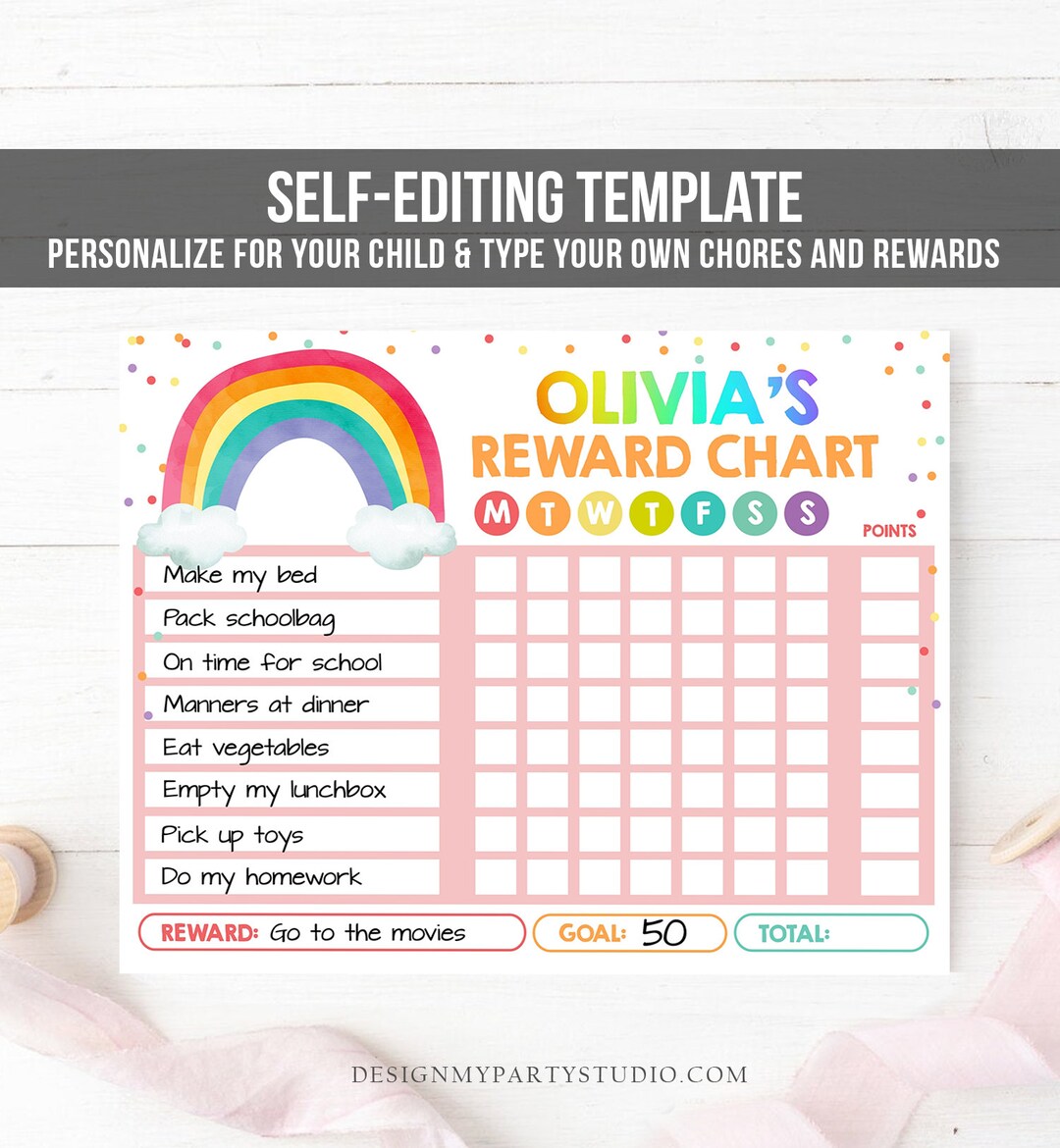 Editable Rainbow Cloud Reward Chart for Girls Chore Chart Kids Routine ...