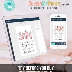 Peut inclure: Un ordinateur portable et un smartphone affichent une conception num&eacute;rique avec des fraises &agrave; l'aquarelle et le texte "THANK YOU berry much for coming! Love, Madeline." L'image comprend &eacute;galement le texte "TRY BEFORE YOU BUY". La conception est de DesignMyParty Studio.