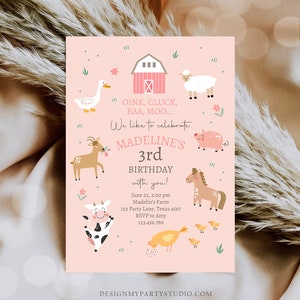 May include: Pink and green farm animal themed birthday invitation for a 3rd birthday party. The invitation says "Oink, Cluck, BAA, MOO... We like to celebrate Madeline's 3rd Birthday with you!"  June 22, 2:00 pm Madelin's Farm 123 Party Lane, Texas 4567 RSVP to Amy 123.456.789