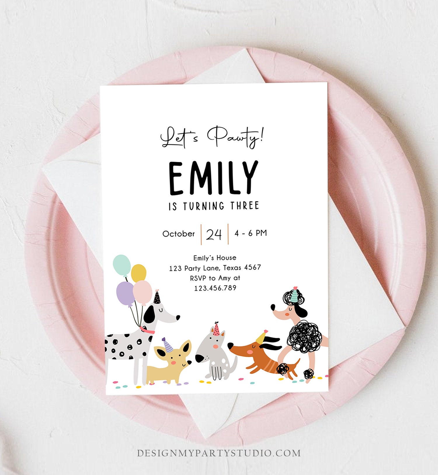 Editable Dog Birthday Party Invitation Puppy Birthday Invite Pink Girl ...