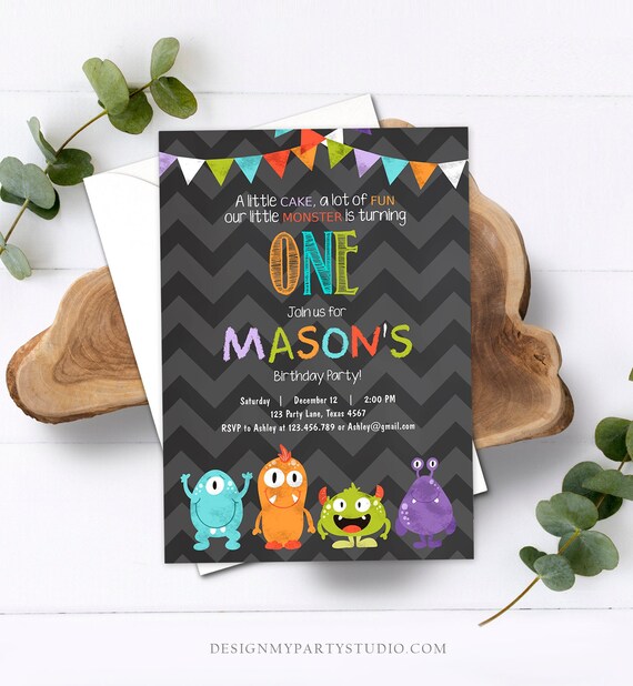 Editable Little Monster Birthday Invitation First Birthday Party Monsters Boy Confetti 1st Chalk Chevron Blue Printable Corjl Template 0058 Il_570xn