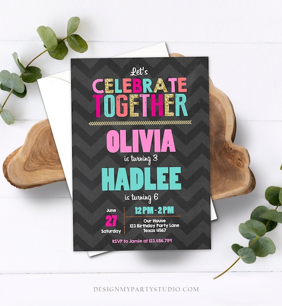 Editable Siblings Birthday Invitation Girls Twins Birthday Party Dual