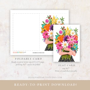 Op de afbeelding: Printbare kaartensjabloon met een vrouw die een kleurrijk boeket bloemen vasthoudt. De kaart is verkrijgbaar in twee formaten: een vouwbare kaart die wordt afgedrukt op papier in letterformaat en een platte kaart die wordt afgedrukt op papier in het formaat 5x7 inch. De tekst op de kaart luidt "Vouwbare kaart" en "Platte kaart".