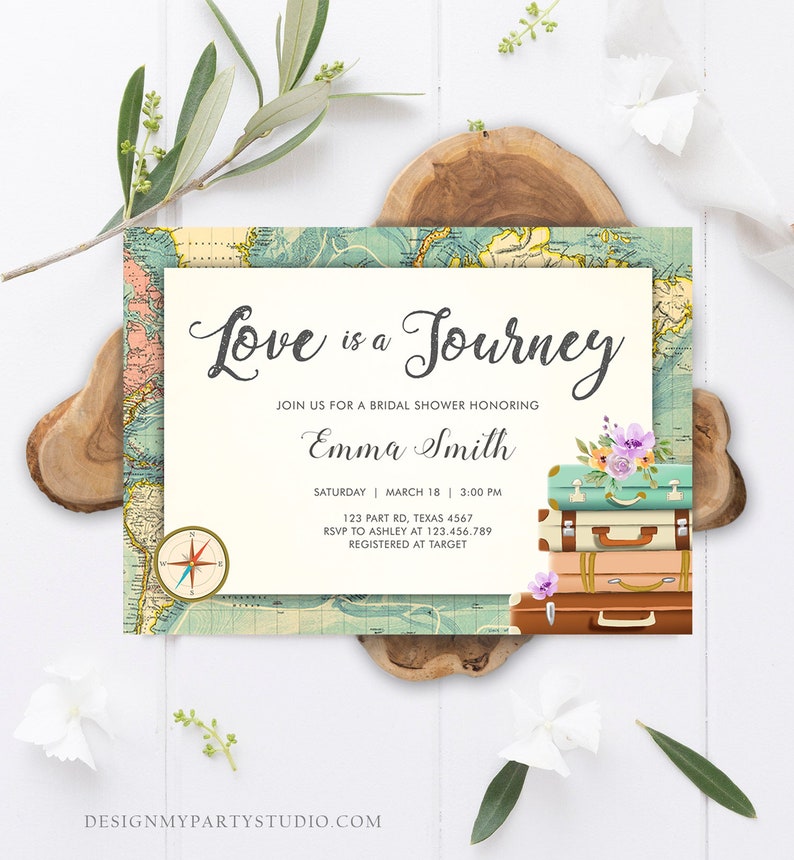 Editable Love is a Journey Bridal Shower Invitation World Map Suitcase Vintage Adventure Purple Lilac Floral Template Corjl Printable 0044 image 3