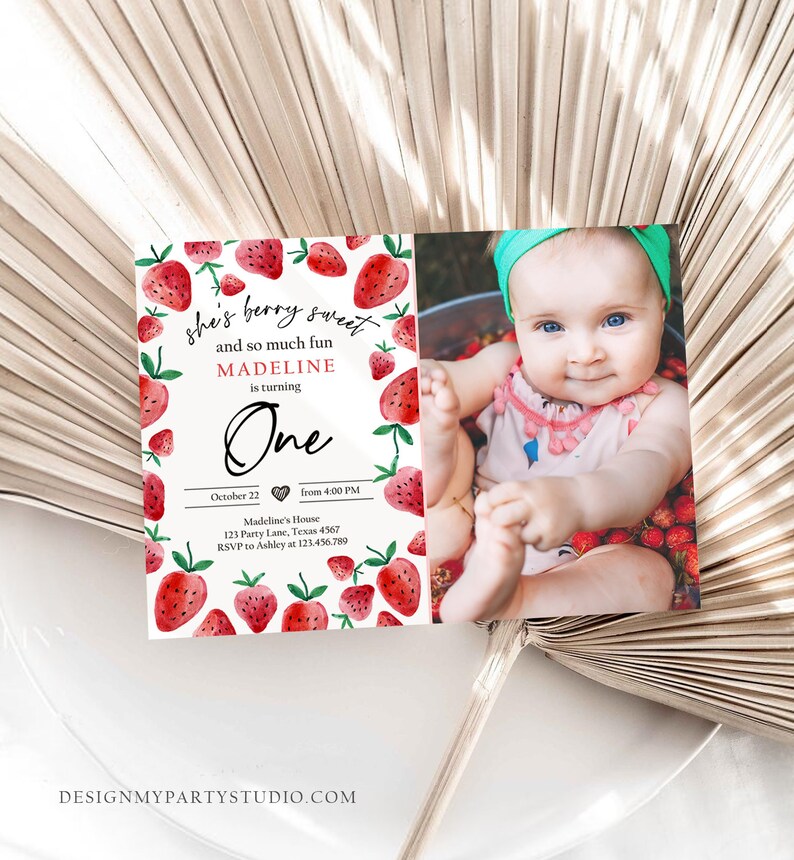 Editable Strawberry Birthday Invitation First Birthday Berry Sweet Girl Cute Strawberries 1st Download Printable Template