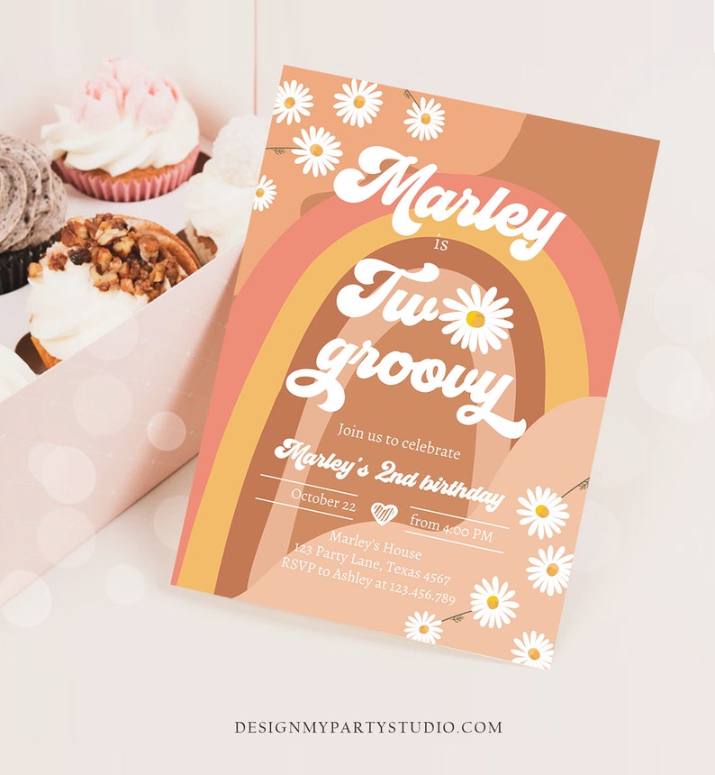 May include: A birthday invitation with a retro design. The invitation features a rainbow, daisies, and the text "Marley is Two Groovy." The invitation also includes party details such as the date, time, and location.