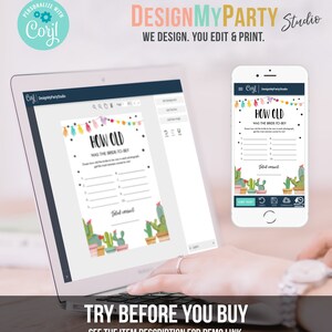 May include: A digital screen displaying a printable "How Old Was The Bride-To-Be?" game with a cactus theme. The game features a colorful design with cacti, flowers, and a banner. The screen is on a laptop computer.