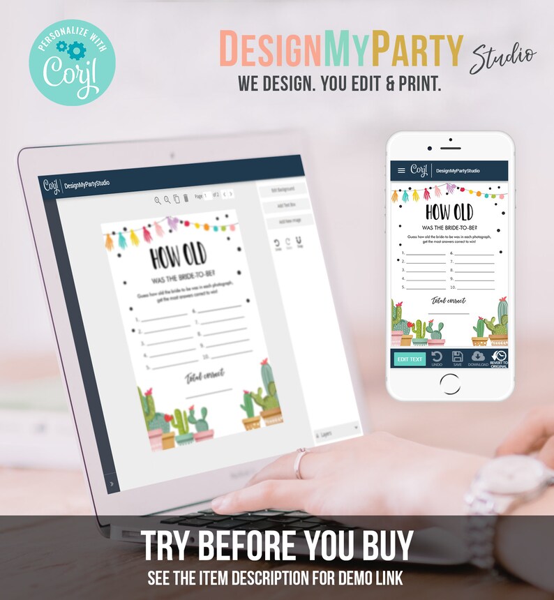 May include: A digital screen displaying a printable "How Old Was The Bride-To-Be?" game with a cactus theme. The game features a colorful design with cacti, flowers, and a banner. The screen is on a laptop computer.