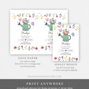 May include: Printable invitation for a first birthday party with a watering can and flowers design. The invitation says "Penelope is turning one!" and includes details for the party, including the date, time, location, and RSVP information.