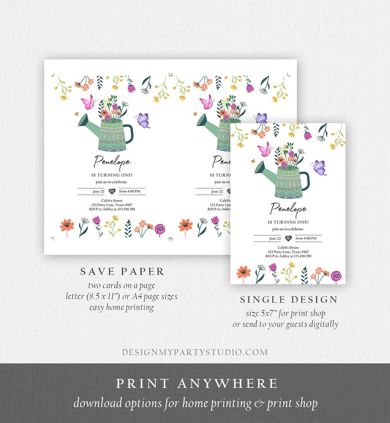 May include: Printable invitation for a first birthday party with a watering can and flowers design. The invitation says "Penelope is turning one!" and includes details for the party, including the date, time, location, and RSVP information.