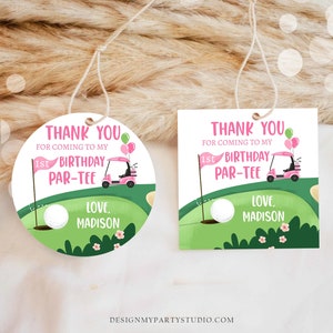Editable Golf Favor Tags Golf Thank You Par-tee Stickers Golfing Birthday Hole in One 1st Birthday Girl Pink Download Corjl Template 0405 image 2