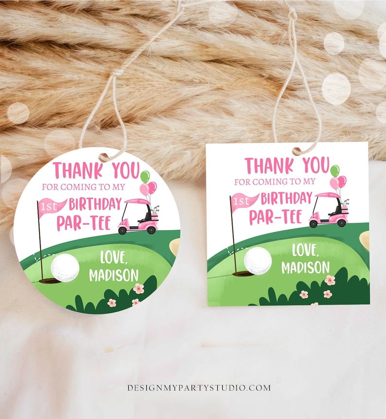 Editable Golf Favor Tags Golf Thank You Par-tee Stickers Golfing Birthday Hole in One 1st Birthday Girl Pink Download Corjl Template 0405 image 2