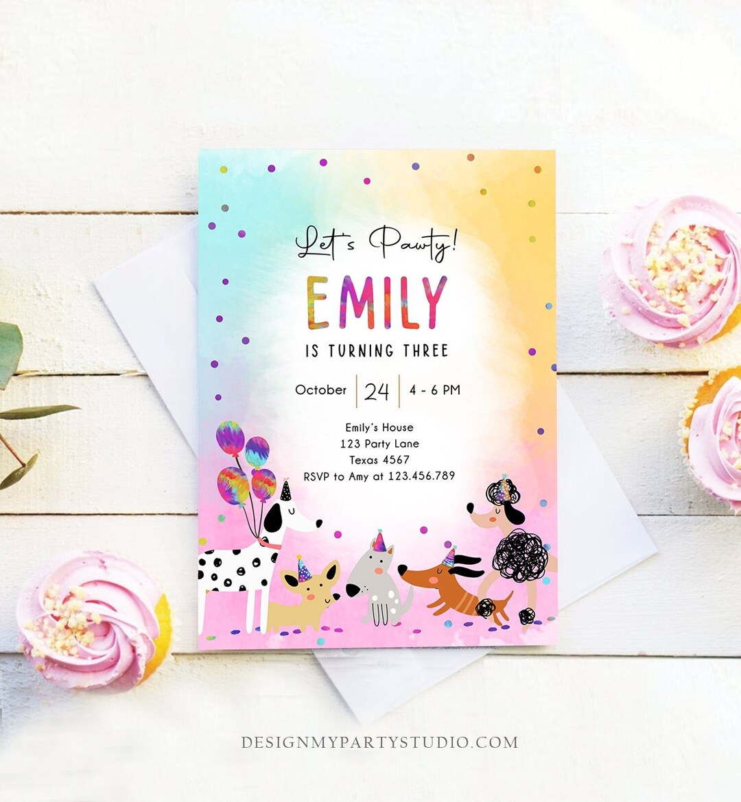 Editable Dog Birthday Party Invitation Puppy Birthday Invite Pink Girl ...