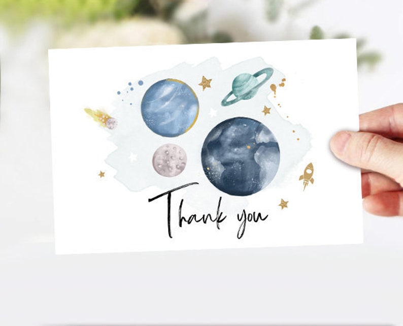 Space Thank you Card Galaxy Thank You Note 4x6 Rustic Watercolor Boy Birthday Blue Two The Moon First Trip PRINTABLE Instant Download 0357 image 1