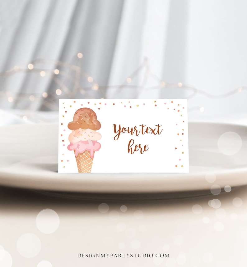 Editable Ice Cream Food Labels Ice Cream Birthday Food Cards Tent Card Girl Pink Gold the Scoop Buffet Label Tent Card Template Corjl 0243