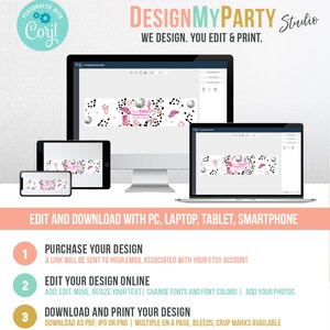 May include: A computer screen displaying a design template for a party banner with a pink and black color scheme. The banner features a cowgirl boot, a disco ball, and the text "Two Wild & Wonderful 5th Birthday". The text "DESIGNMYPARTY Studio" is displayed at the top of the image.