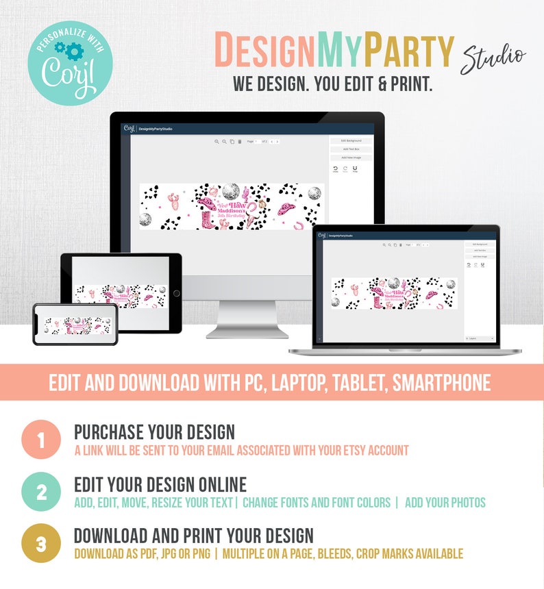 May include: A computer screen displaying a design template for a party banner with a pink and black color scheme. The banner features a cowgirl boot, a disco ball, and the text "Two Wild & Wonderful 5th Birthday". The text "DESIGNMYPARTY Studio" is displayed at the top of the image.