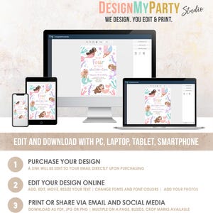 May include: Editable invitation template for a mermaid-themed birthday party. The invitation features a pink and blue background with illustrations of mermaids, seashells, and starfish. The text on the invitation reads "Four Little Mermaids Celebration".