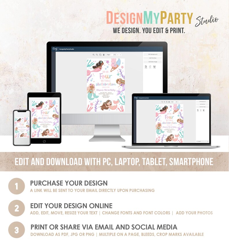 May include: Editable invitation template for a mermaid-themed birthday party. The invitation features a pink and blue background with illustrations of mermaids, seashells, and starfish. The text on the invitation reads "Four Little Mermaids Celebration".