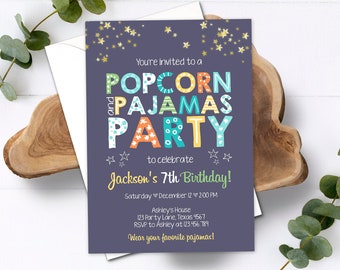 Editable Popcorn and Pajamas Birthday Invitation Movie Night Birthday Party Boy Blue Orange Green Stars Corjl Template Printable 0218