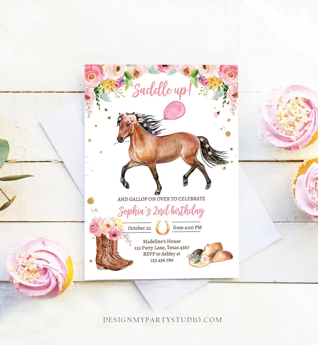 Editable Horse Birthday Invitation Girl Saddle up Watercolor Cowgirl