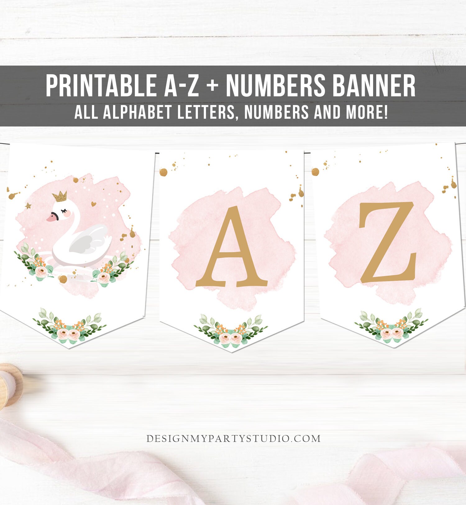 swan a z birthday banner girl princess pink gold floral crown etsy denmark