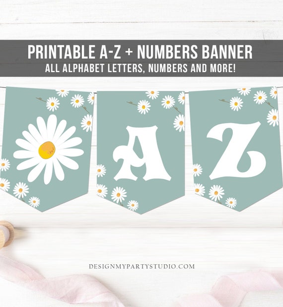 Daisy A-Z Banner Birthday Baby Shower Alphabet Numbers Happy Birthday Girl Dusty Blue Boho Floral Decor Instant Download Printable 0410 Il_570xn