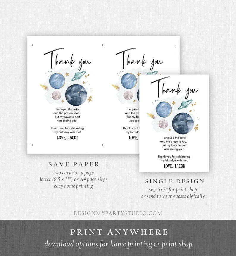 May include: Thank you cards with a space theme. The cards feature watercolor planets, stars, and a rocket ship. The text reads "Thank you" and a personalized message. Available in two sizes for home printing.