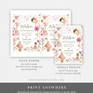 May include: Printable invitation for a first birthday party with a fairy garden theme. The invitation features a whimsical illustration of fairies, flowers, mushrooms, and a small house. The text on the invitation reads "Madison You Are Magical join us to celebrate Madison turning one The Anderson's Garden Saturday, June 1st, 3:00 pm 113 Party Lane, Texas 450 RSVP by May 1st at 123-456-789".