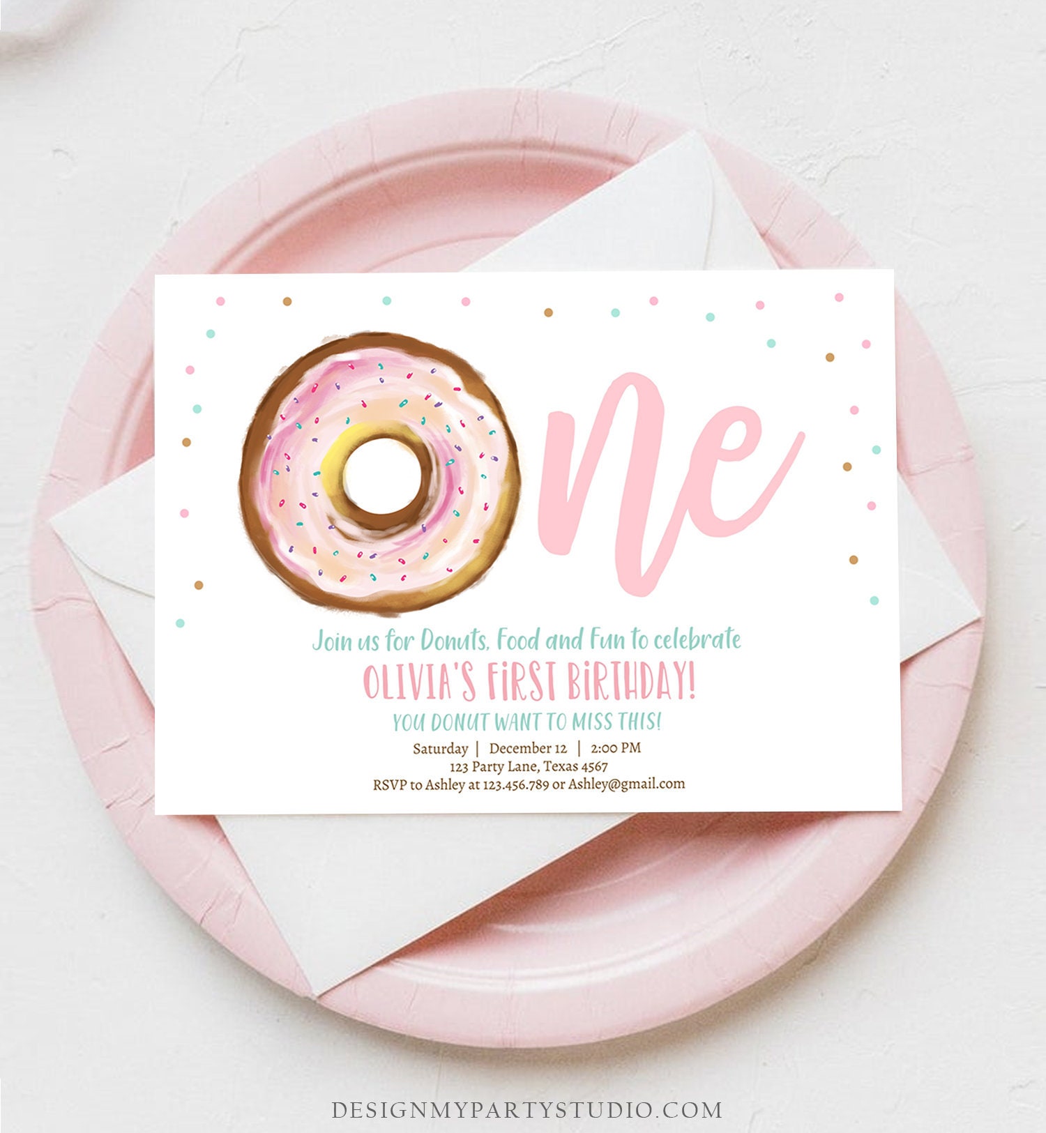 Bearbeitbare Donut zum 1. Geburtstag Einladung Erster Geburtstag einladen Rosa Donut Mädchen Donut Süß Digitaler Download Evite Vorlage Printable D0368
