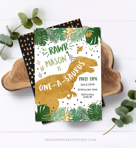 Editable One-A-Saurus Dinosaur Birthday Invitation Dino T-Rex Boy First Birthday 1st RAWR ROAR Green Gold Prehistoric Corjl Template 0146 Il_570xn