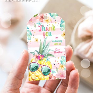 Editable Tropical Aloha Hawaiian Favor Tag Luau Birthday Party Pineapple Favor Tag Mahalo Pool Party Pink Girl Corjl Template Printable 0391