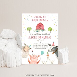 May include: A colorful invitation for a farm-themed first birthday party. The invitation features a red barn, a pig, a sheep, a cow, and a goose. The text reads "Calling all party animals! We would like to celebrate Mason's 1st Birthday with you!"