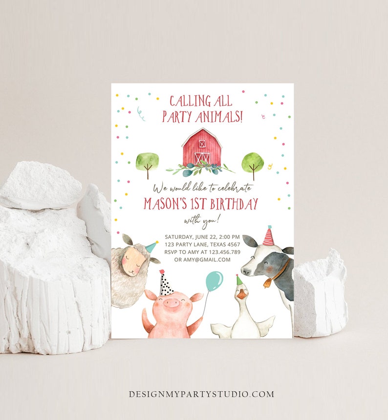 May include: A colorful invitation for a farm-themed first birthday party. The invitation features a red barn, a pig, a sheep, a cow, and a goose. The text reads "Calling all party animals! We would like to celebrate Mason's 1st Birthday with you!"