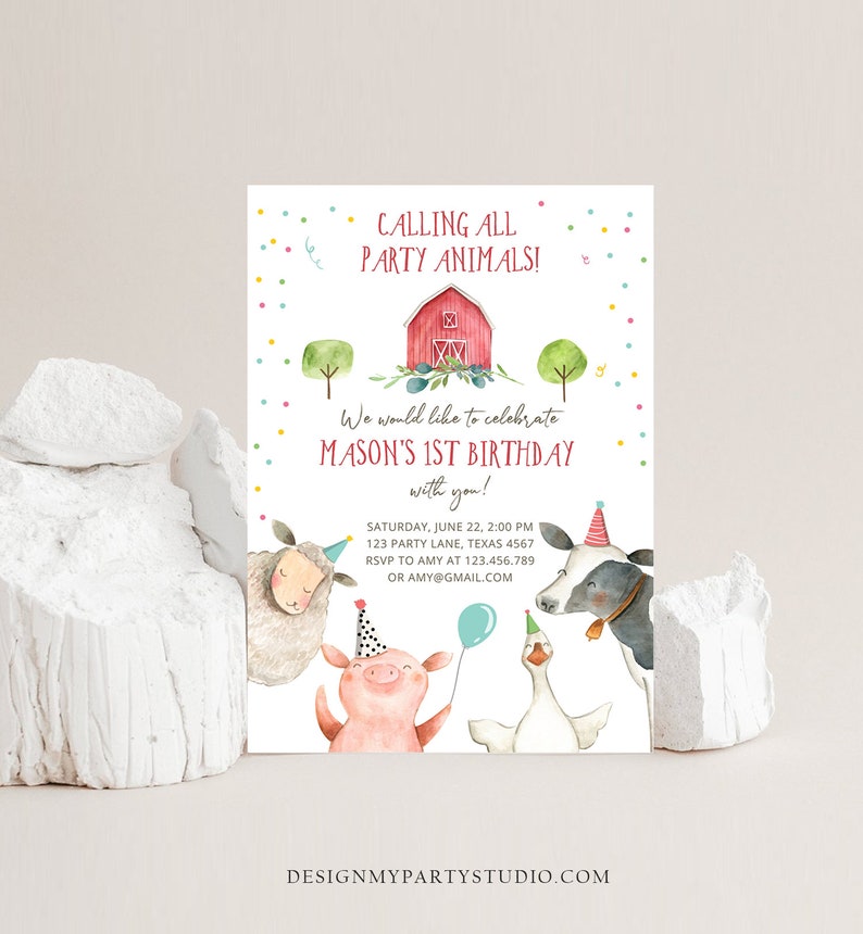 Editable Farm Animals Birthday Invitation Boy Farm Barnyard First Birthday Party Animals Confetti Download Corjl Template Printable 0155 image 3