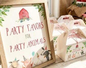 May include: A framed sign with a watercolor illustration of a red barn, green leaves, and farm animals wearing party hats, featuring the text "PARTY FAVORS FOR PARTY ANIMALS" in red, alongside several white gable boxes with matching animal graphics.