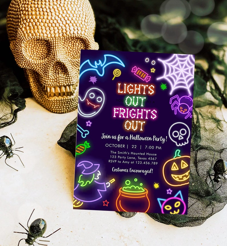 May include: A Halloween party invitation with a dark purple background and neon-style illustrations of a bat, ghost, spider, and pumpkin. The text reads "LIGHTS OUT FRIGHTS OUT" and includes party details.