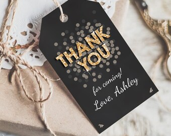 Editable Thank You Favor Tags Adult Birthday Tags Black and Gold Glitter Surprise Birthday Rustic Elegant Printable Corjl Template 0103