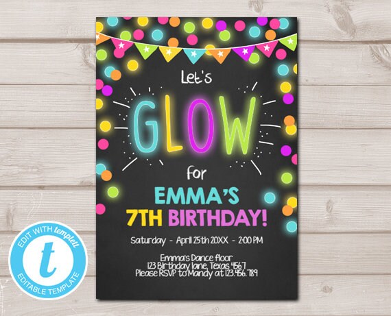 Neon Glow in the Dark Birthday Invitation Glow Party Disco Girl Lumo Birthday Download Printable Invitation Template Editable Digital Il_570xn