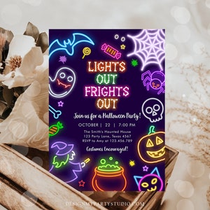 May include: Halloween party invitation with neon-style illustrations of a bat, ghost, spiderweb, spider, skull, jack-o'-lantern, witch, and cauldron. The text reads "LIGHTS OUT FRIGHTS OUT" and includes party details.