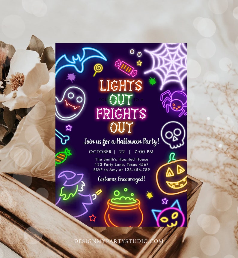 May include: Halloween party invitation with neon-style illustrations of a bat, ghost, spiderweb, spider, skull, jack-o'-lantern, witch, and cauldron. The text reads "LIGHTS OUT FRIGHTS OUT" and includes party details.