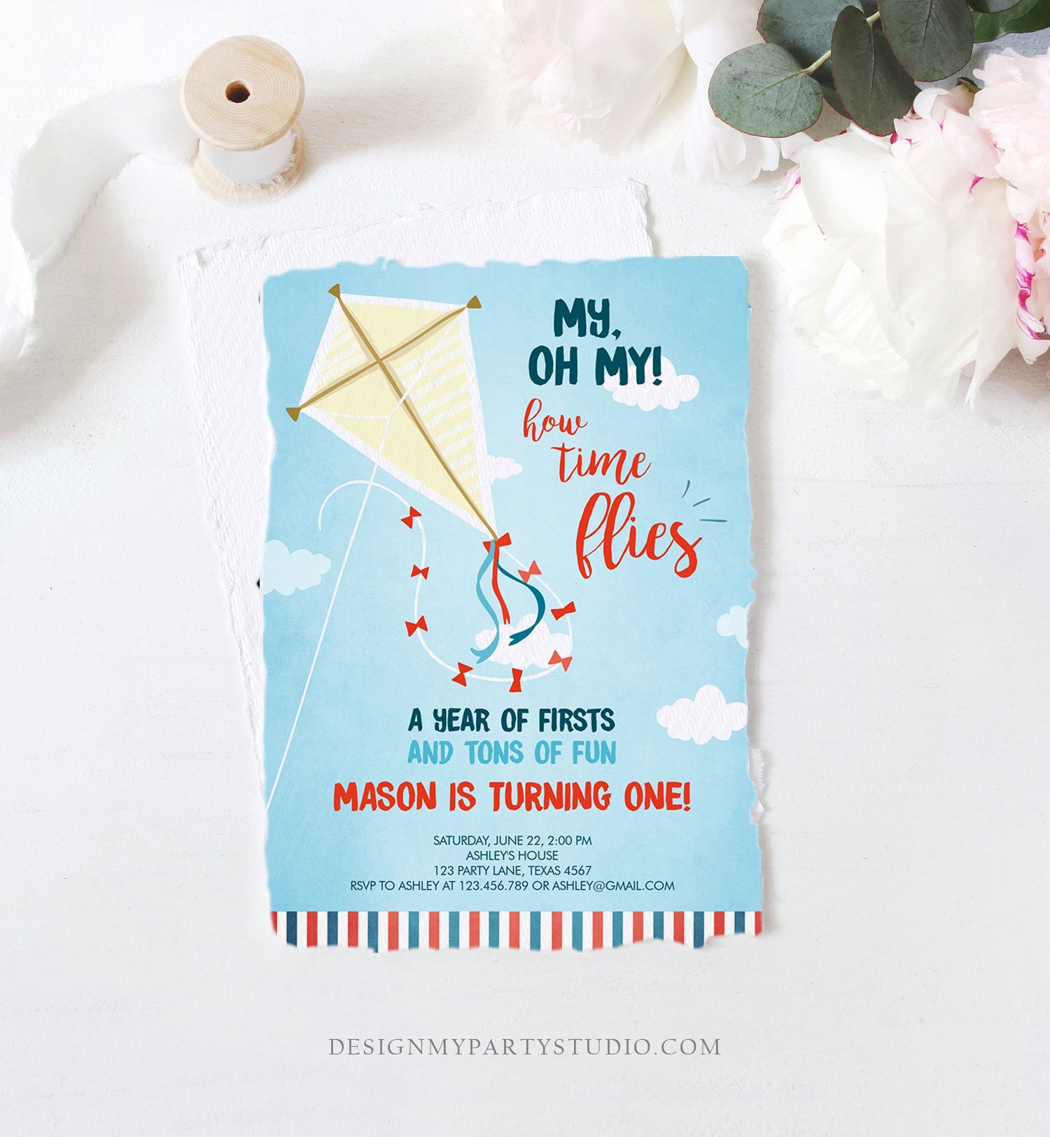 Editable Kite Birthday Invitation Oh My Time Flies First Etsy