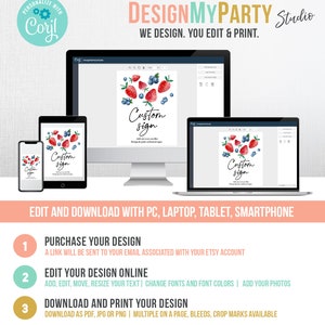 May include: A digital mockup of a computer screen showing a design template for a custom sign with a watercolor illustration of strawberries and blueberries. The text on the sign says "Custom Sign". The text below the image says "Edit and Download with PC, Laptop, Tablet, Smartphone".
