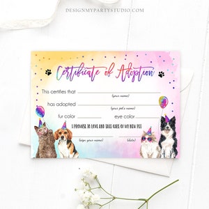 Pet Adoption Certificate Cats and Dogs Birthday Party Adopt A Pet Girl ...