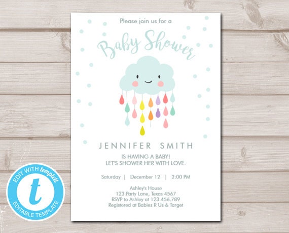 Cloud Baby Shower Invitation Raindrop Shower With Love Rain Drops Cloud Baby Shower Invitation Raindrop Shower With Love Rain Drops