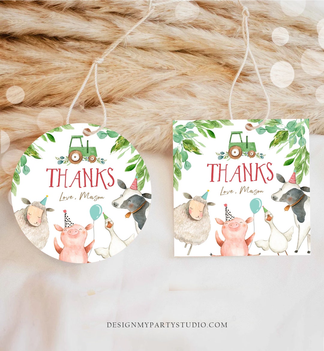 Editable Farm Animals Thank You Tags Boy Birthday Green Tractor ...