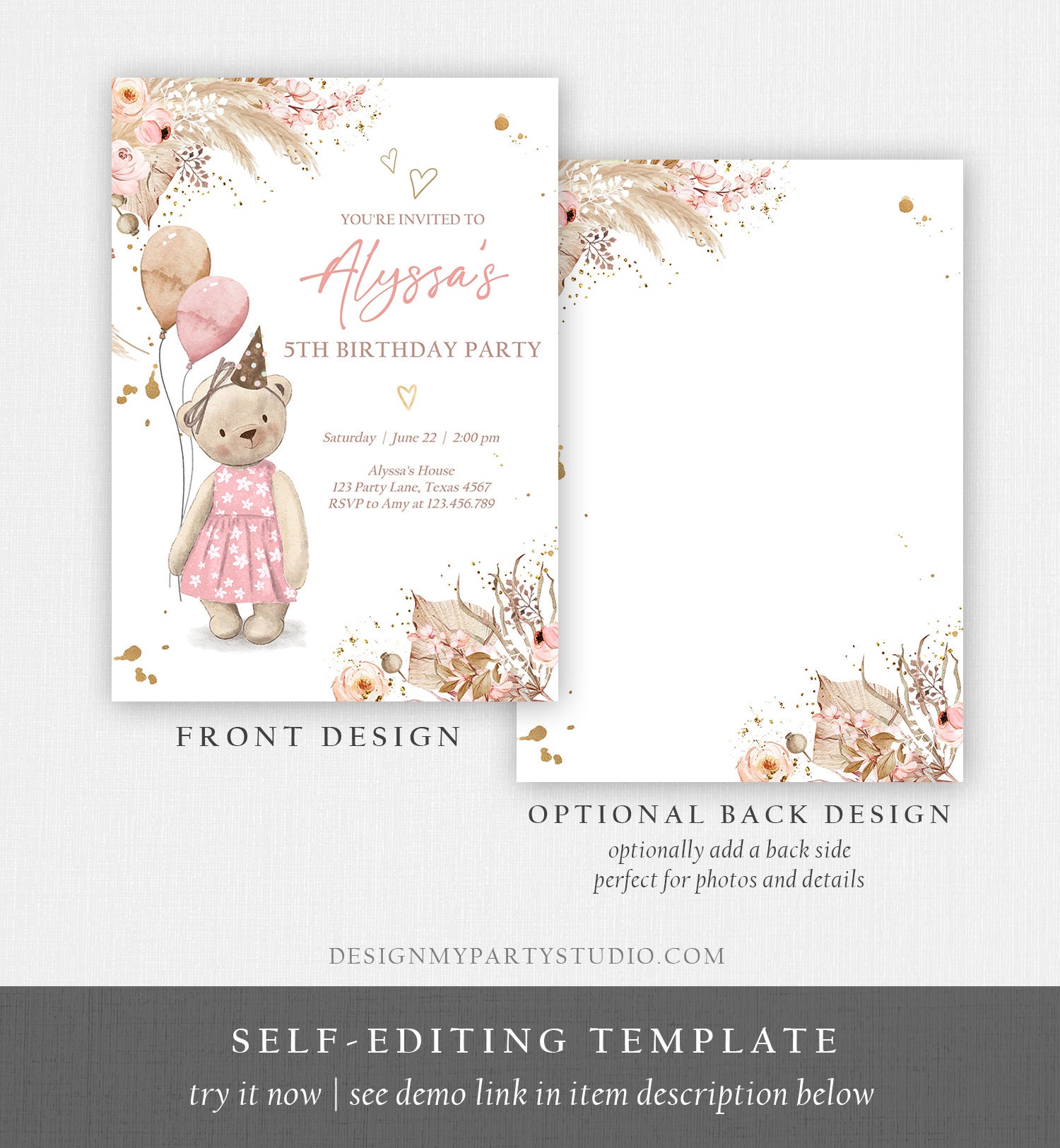 Editable Cute Teddy Bear Birthday Invitation Girl Boho Teddy Bear ...