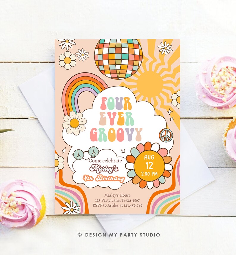 Editable Four Ever Groovy Birthday Invitation 4th Birthday Retro ...