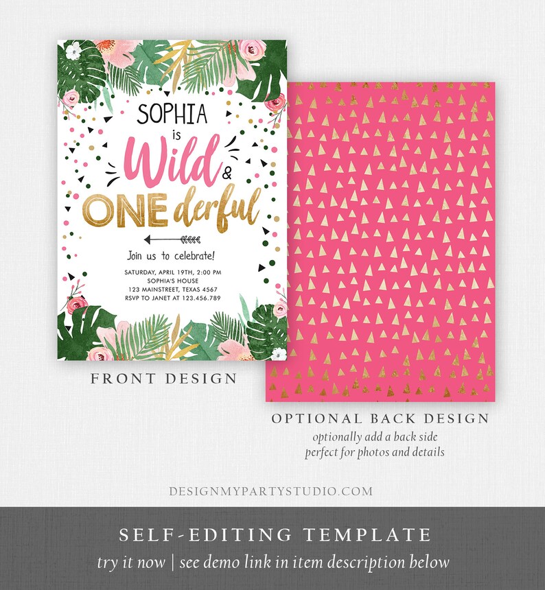 Editable Wild and Onederful Birthday Invitation Girl Wild One Safari Tropical Pink Gold Jungle First Birthday Corjl Template Printable 0332 image 7